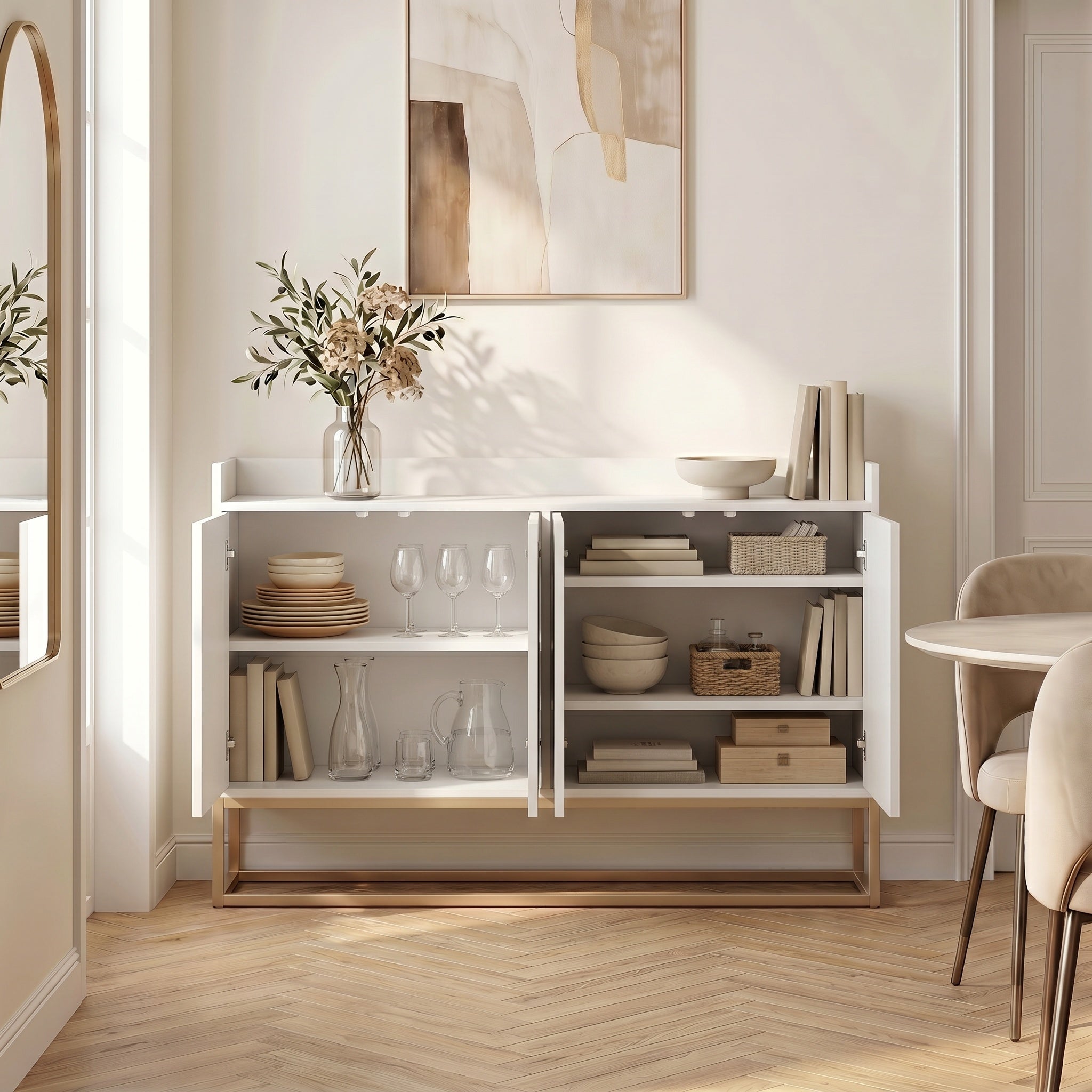 Buffet salon 120 cm, bahut 4 portes push to open, meuble d'entrée salon salle à manger, cuisine, moderne, 120x30x80 cm - Blanc - 2