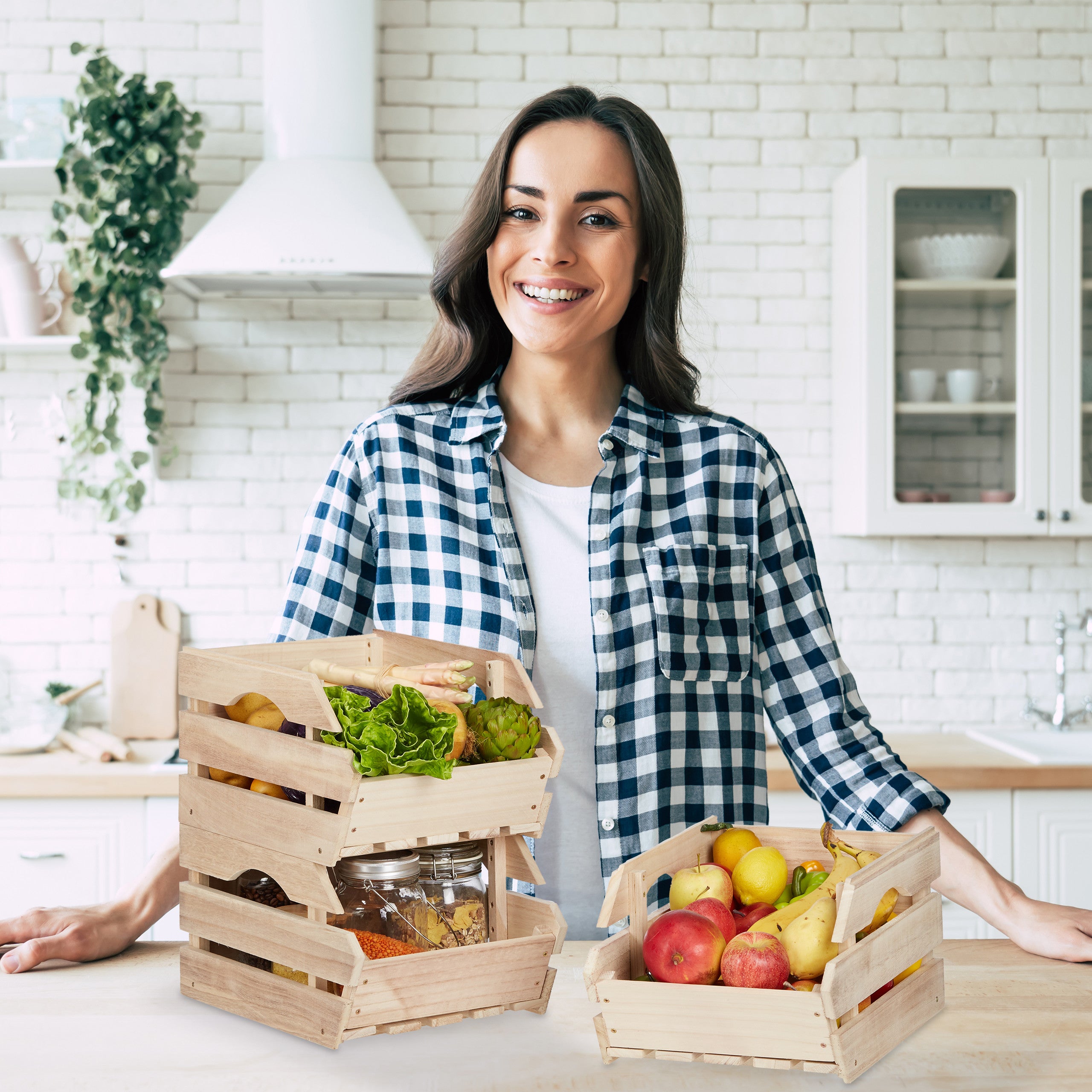 Cagette en bois empilable boîte rangement nature lot de 3 caisses HxlxP: 20 x 27,5 x 38 cm, nature, Relaxdays - 2