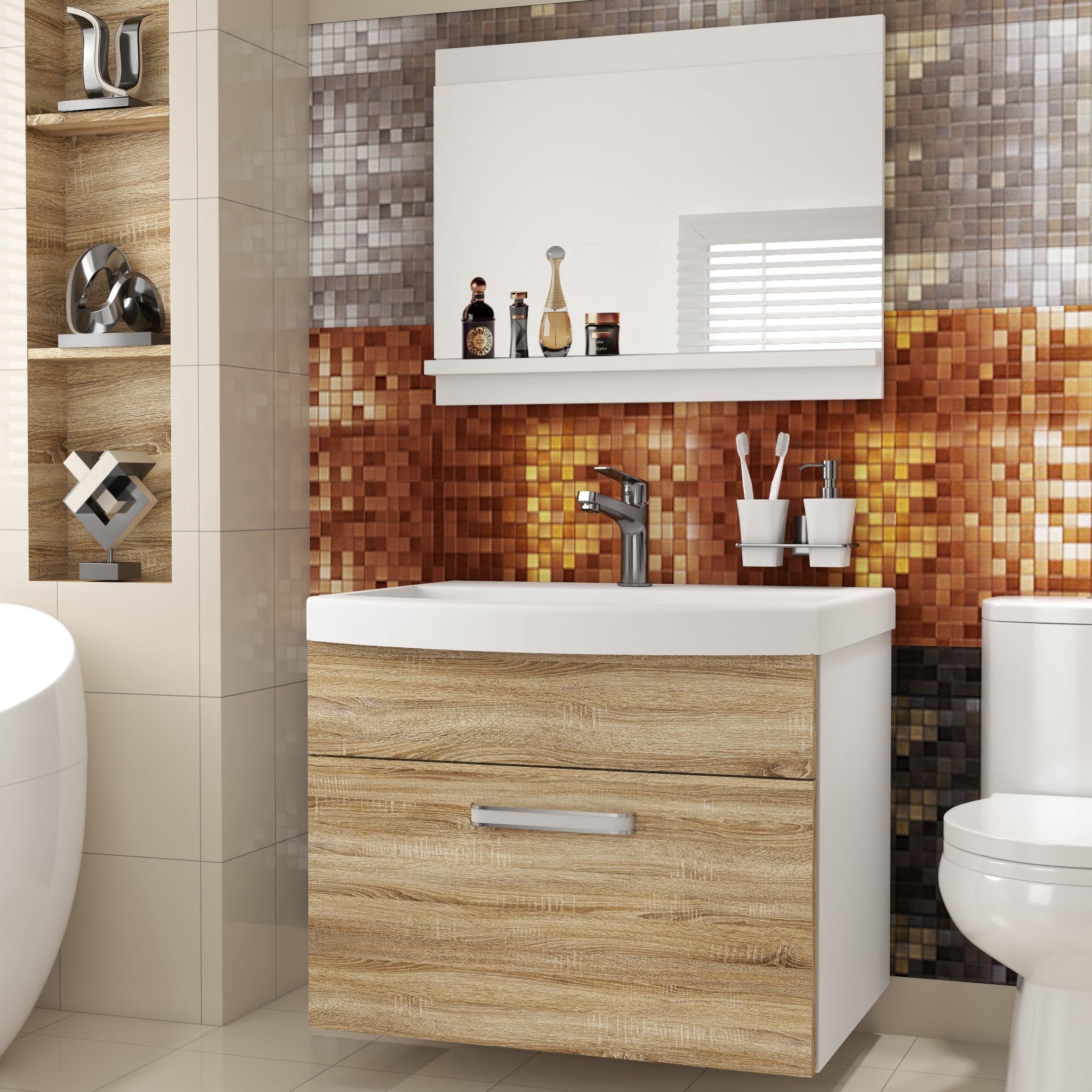 BELINI Meuble de Salle de Bain PRI M1 - 60 cm. Chêne Sonoma Mat, Ensemble Complet Suspendu Meuble Sous Vasque avec Miroir - 2