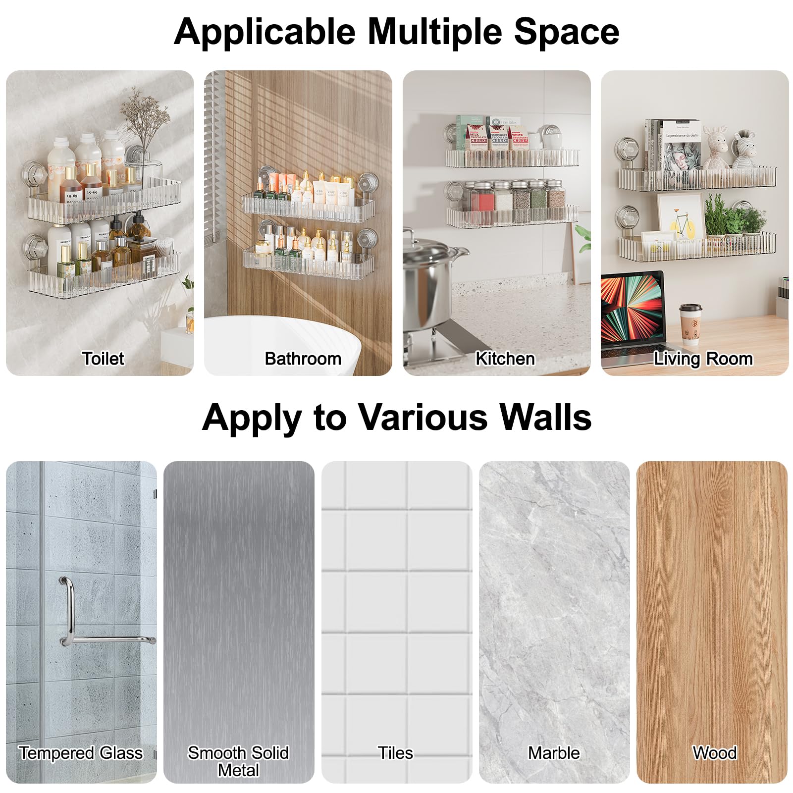 2 étagères de salle de bain à ventouse, rangement pour produits de toilette, rangement pour cosmétiques,sans perçage,installation en une seconde-Blanc - 7