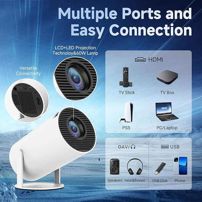 Projecteur Mini 4K Portable Android 11, 1080P WiFi 6 Bluetooth 5.0, Projection Jusqu'à 130 Pouces, Compatible HDMI/PC/Smartphone (Blanc) - 3