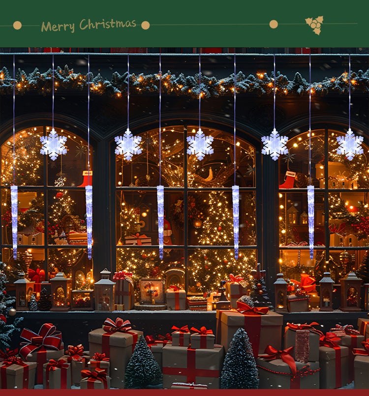 Catena luminosa natalizia a forma di fiocchi di neve e ghiaccioli, tenda luminosa a LED per esterni, alimentazione tramite USB, con telecomando - 5