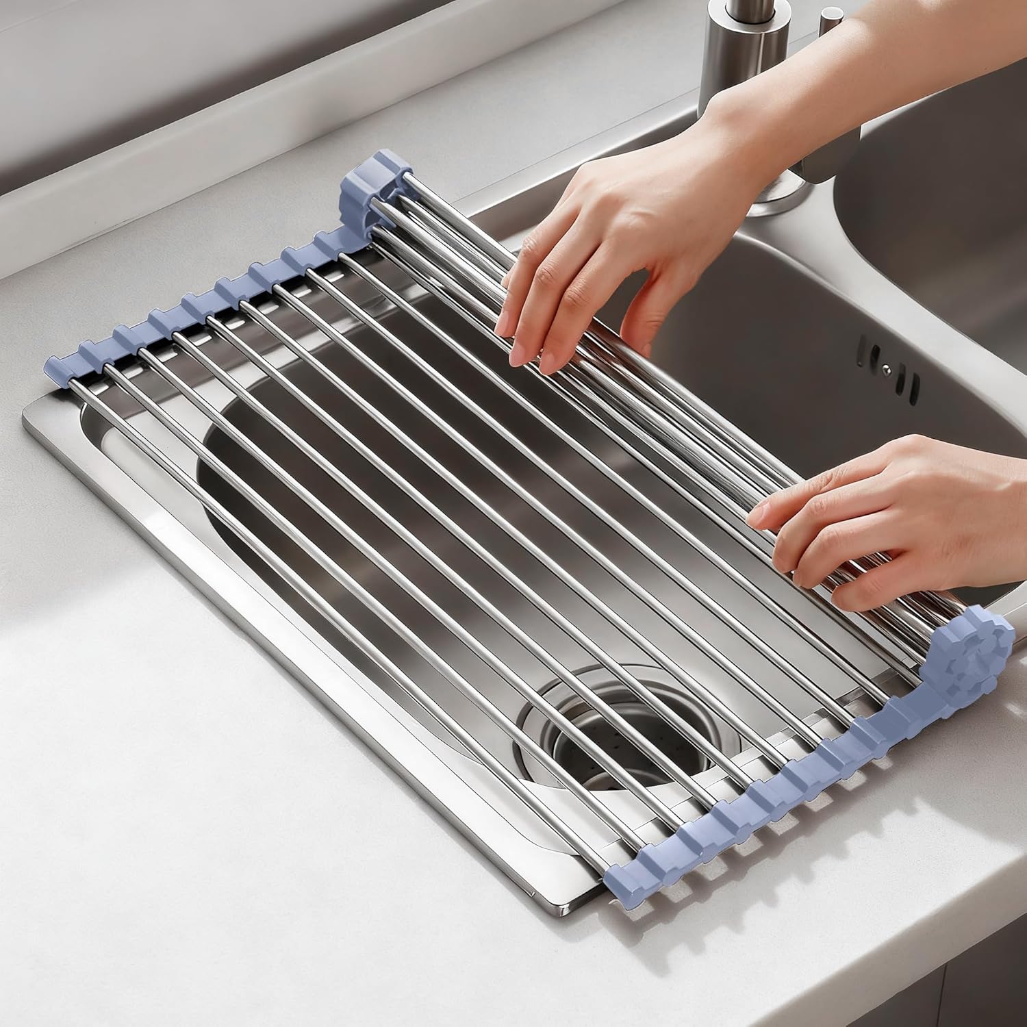 Ociekacz do zlewu z roletą, odpowiedni do kuchni, (18 rurek) 52X35cm, szary.