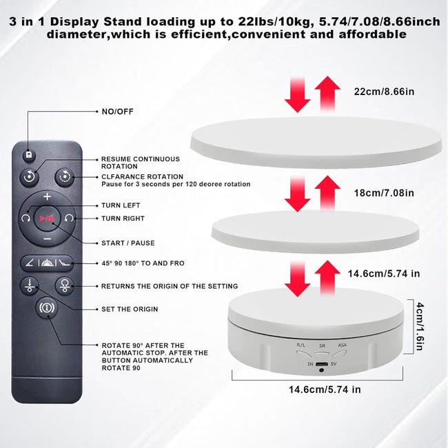 Plateau tournant électrique – 60 cm blanc | Télécommande | Vitesse réglable | Capacité de 100 kg | Parfait pour la photographie et la décoration Plateau tournant électrique – 60 cm blanc | Télécommande | Vitesse réglable | Capacité de 100 kg | Parfait pour la photographie et la décoration