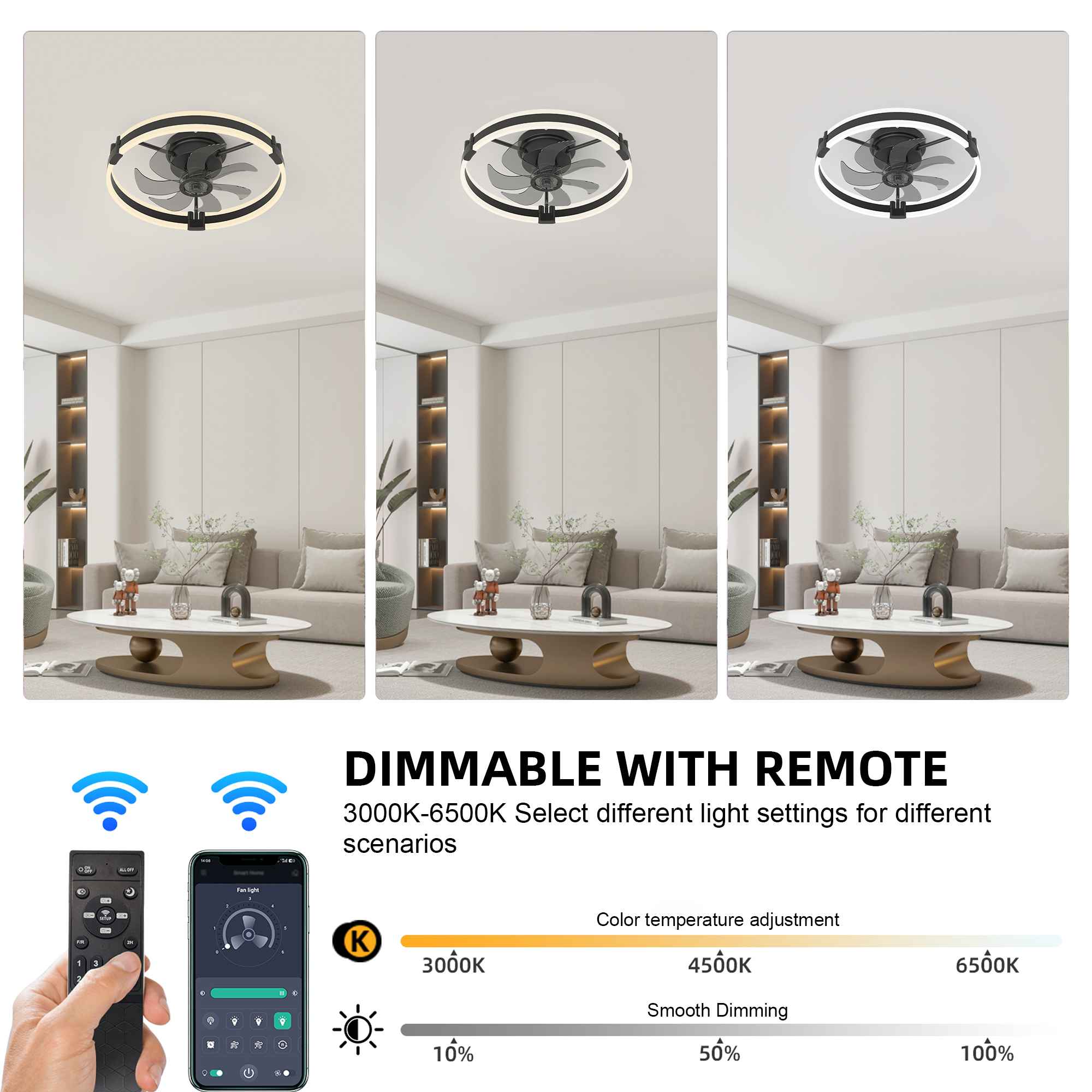 Ventilateur plafond LED 50cm avec lumière, APP et télécommande, 6 vitesses, dimmable 10-100%, 3000-6500K, silencieux 30dB, chambre salon - 4