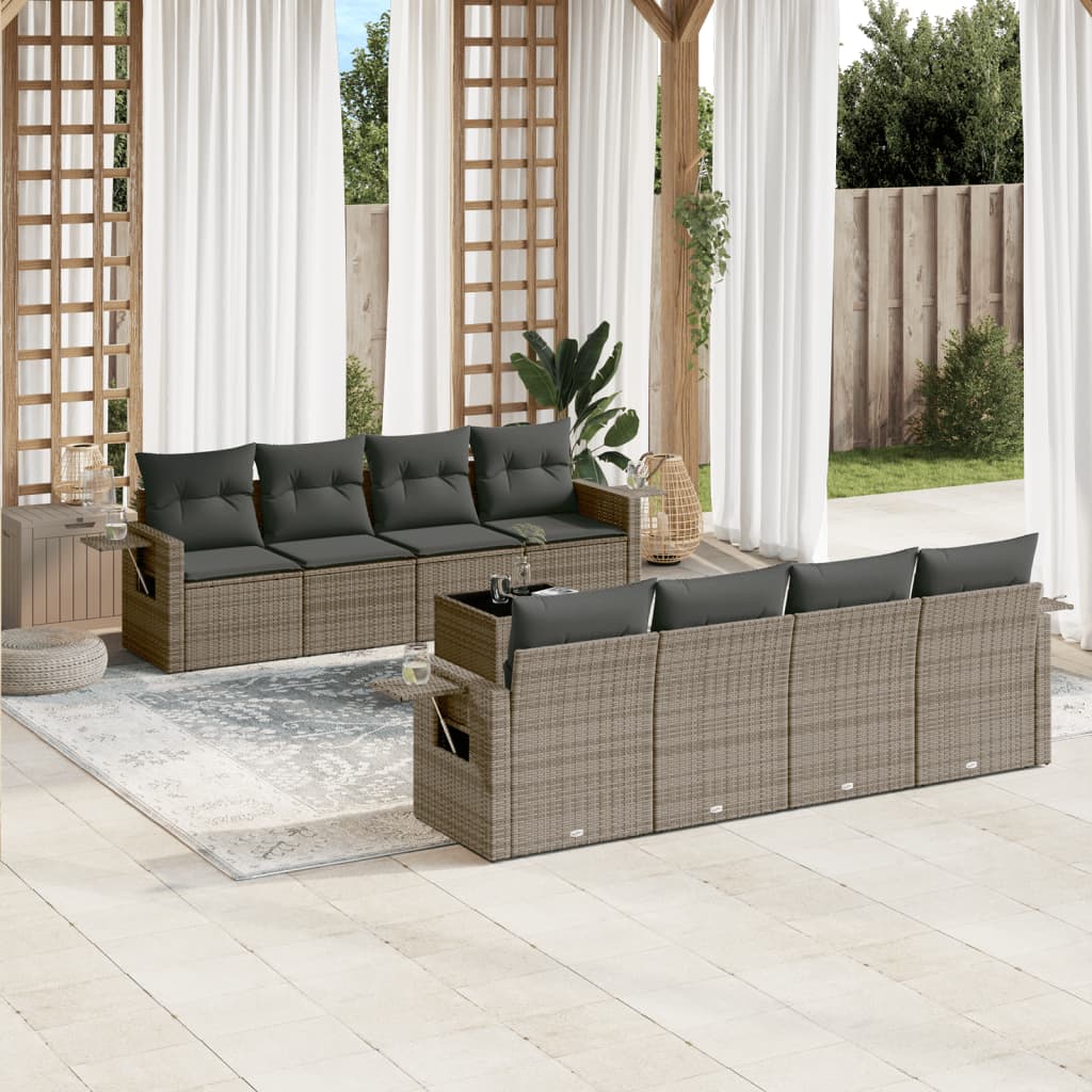Salon De Jardin 9 Places En Résine Tressée Gris - Canapé D'Angle + Coussins - VidaXL