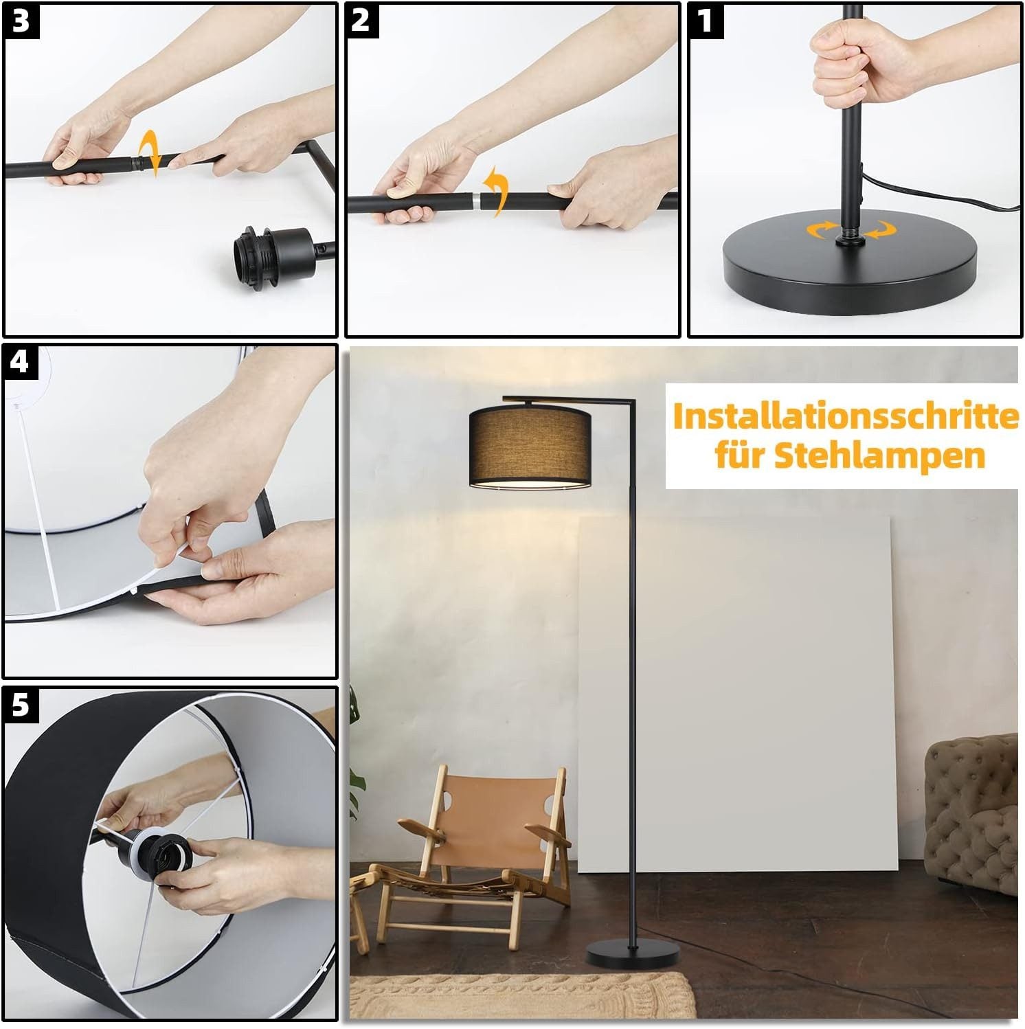 NETTLIFE Czarna lampa podłogowa do salonu: nowoczesna designerska tkanina, gniazdo E27 o mocy max 40W z włącznikiem nożnym - 7