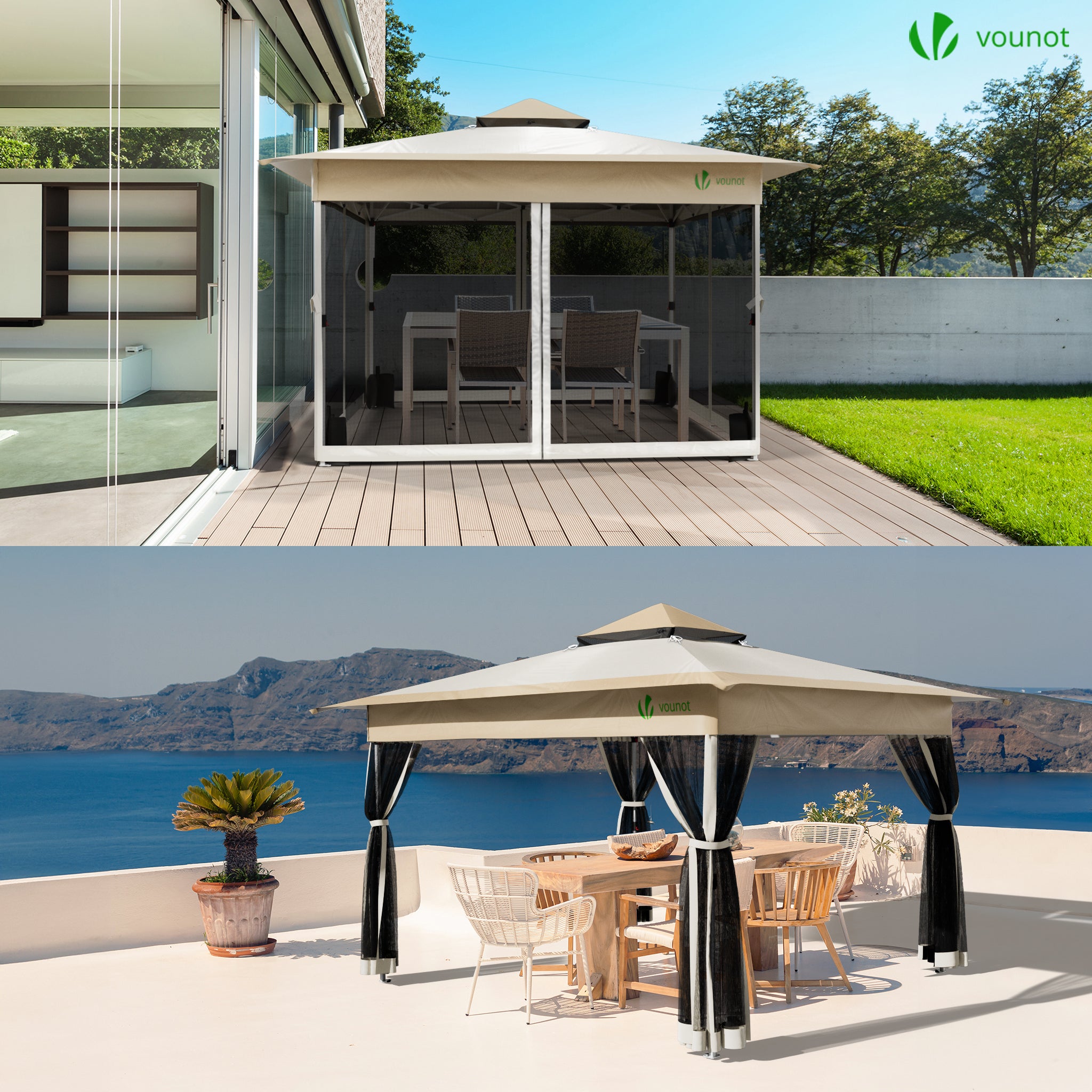 Tonnelle de jardin 3,6x3,6m pliable installation facile POP UP avec moustiquaire beige - VOUNOT® - 2
