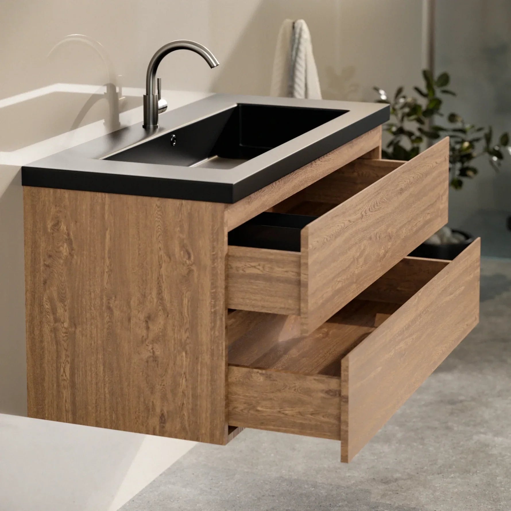 Meuble de salle de bain Sena - 100 cm - Chêne chaud - Vasque noire - 4