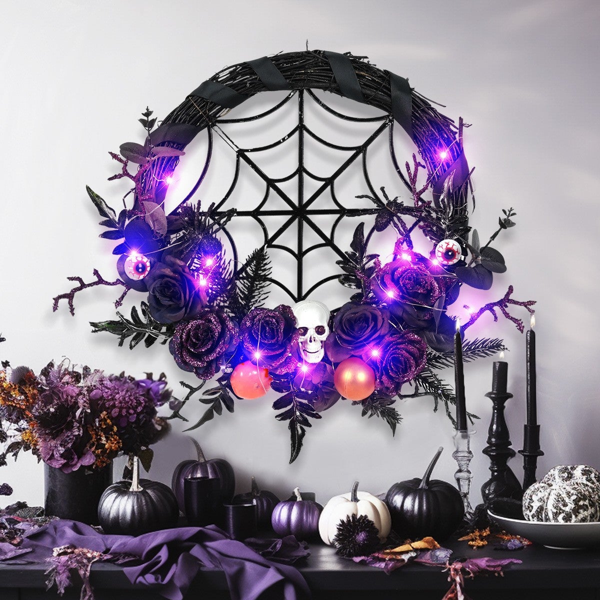 Couronne D'Halloween Porte D'Entrée - Ovale 45,7 Cm, Vigne Noire, Fleurs Artificielles, Corbeau - Décoration Main 2024