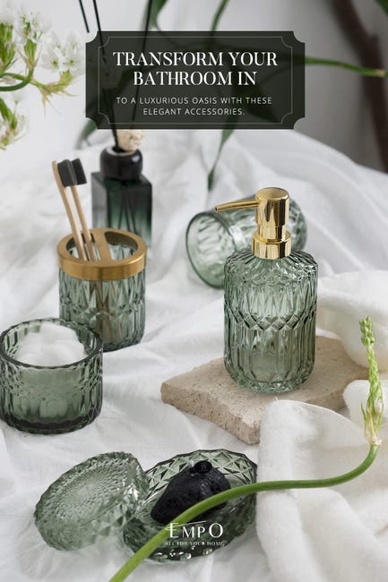 Set di accessori da bagno verdi, 5 pezzi in vetro trasparente, accessori verdi con dispenser per sapone per lozione, portasapone, portaspazzolino, bicchiere, barattolo per cotton fioc, decorazione Set di accessori da bagno verdi, 5 pezzi in vetro trasparente, accessori verdi con dispenser per sapone per lozione, portasapone, portaspazzolino, bicchiere, barattolo per cotton fioc, decorazione