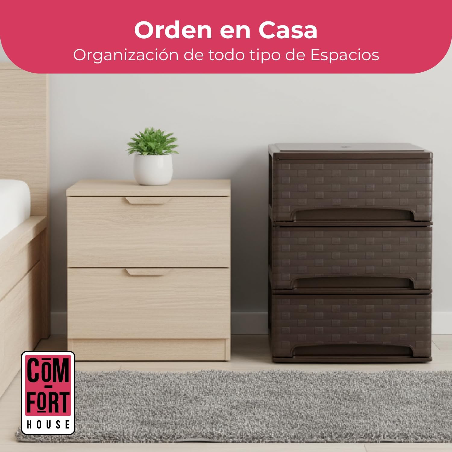 COM-FORT HOUSE | Cajonera Apilable de Plástico | Modelo Bambu | Color Wengue | Modelo de 3 Cajones | Cajones de Almacenamiento Modular - 3