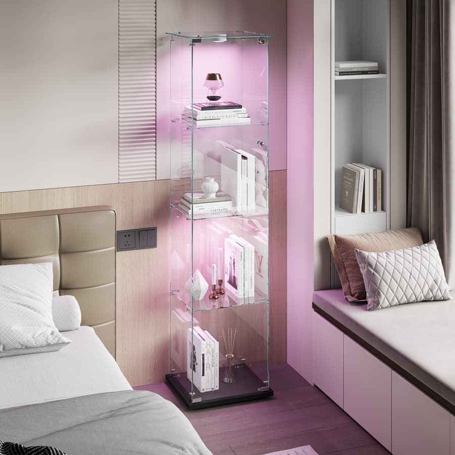 Vitrine En Verre Avec éclairage LED – 4 étagères, 1 Porte – Dimensions 163x39,8x35 Cm – Blanc Ou Noir