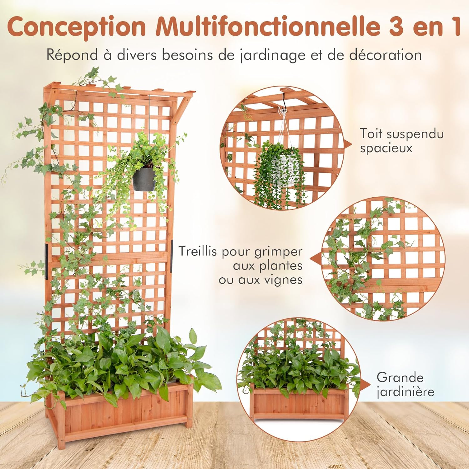 Jardinire avec Treillis 183cm en Bois, pour Plantes Grimpantes, Bac   Fleurs avec Trou de Drainage, 75x33x183CM | Leroy Merlin