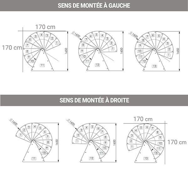 Escalier colimaçon 13 marches - Diamètre 160cm - Hauteur à franchir 2.54 à 3.05m - Structure noire et marche hêtre - VENE160/NH-13 - 6