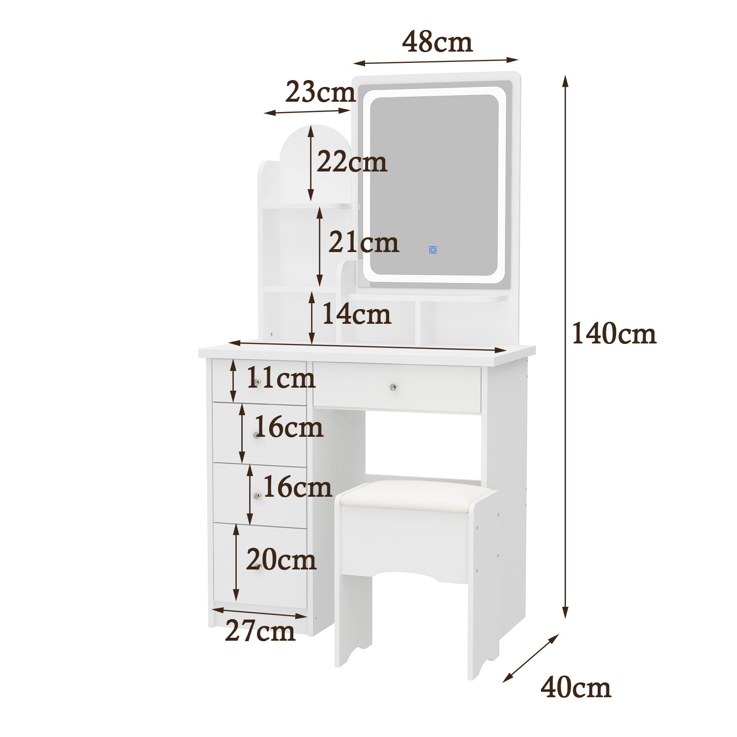 Coiffeuse avec miroir en MDF Blanc H. 143.0 x l. 80.0 x P. 40.0 cm - 2