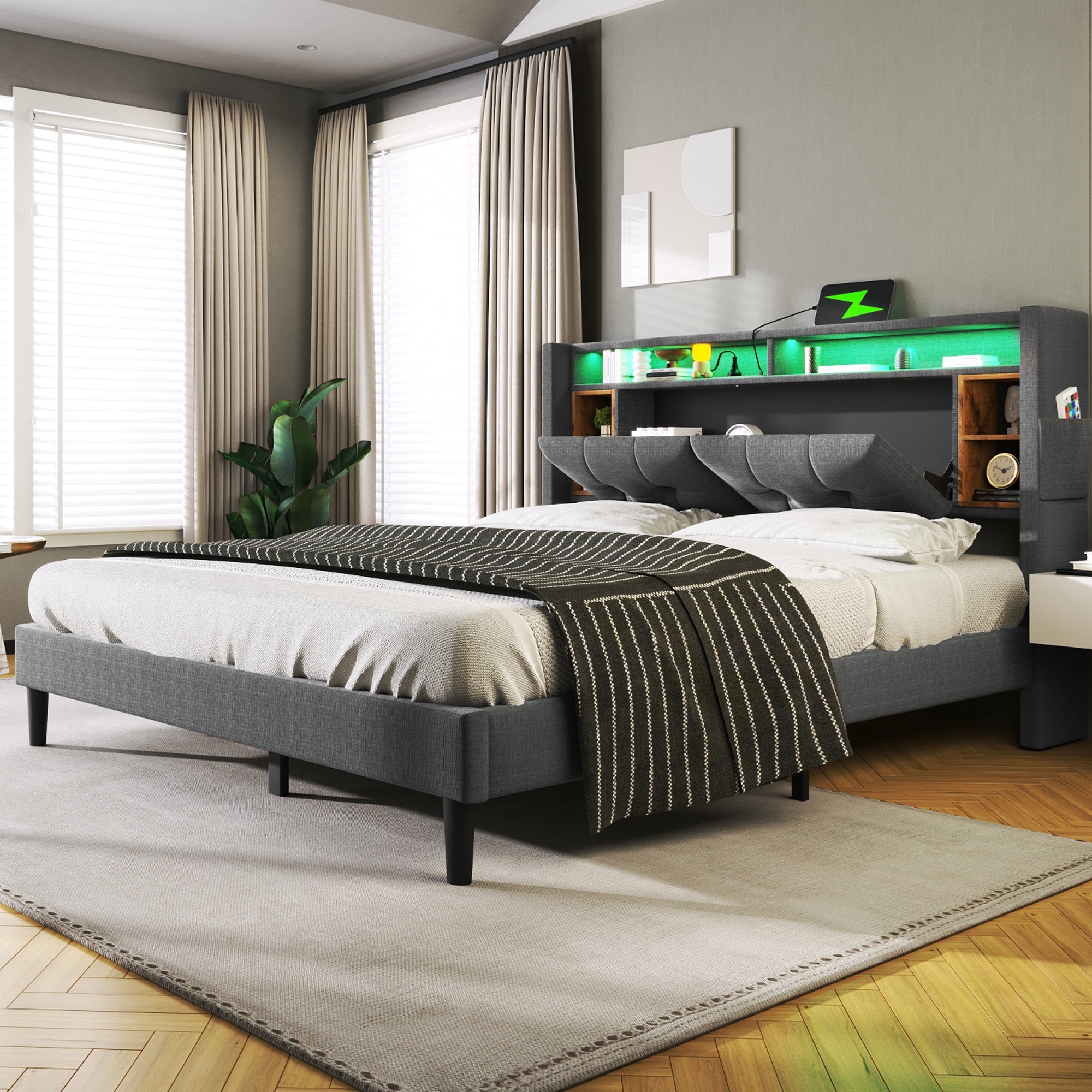 Łóżko podwójne tapicerowane 1160x200cm w pościeli z LED i portem USB do ładowania - podstawa z listew - Szary