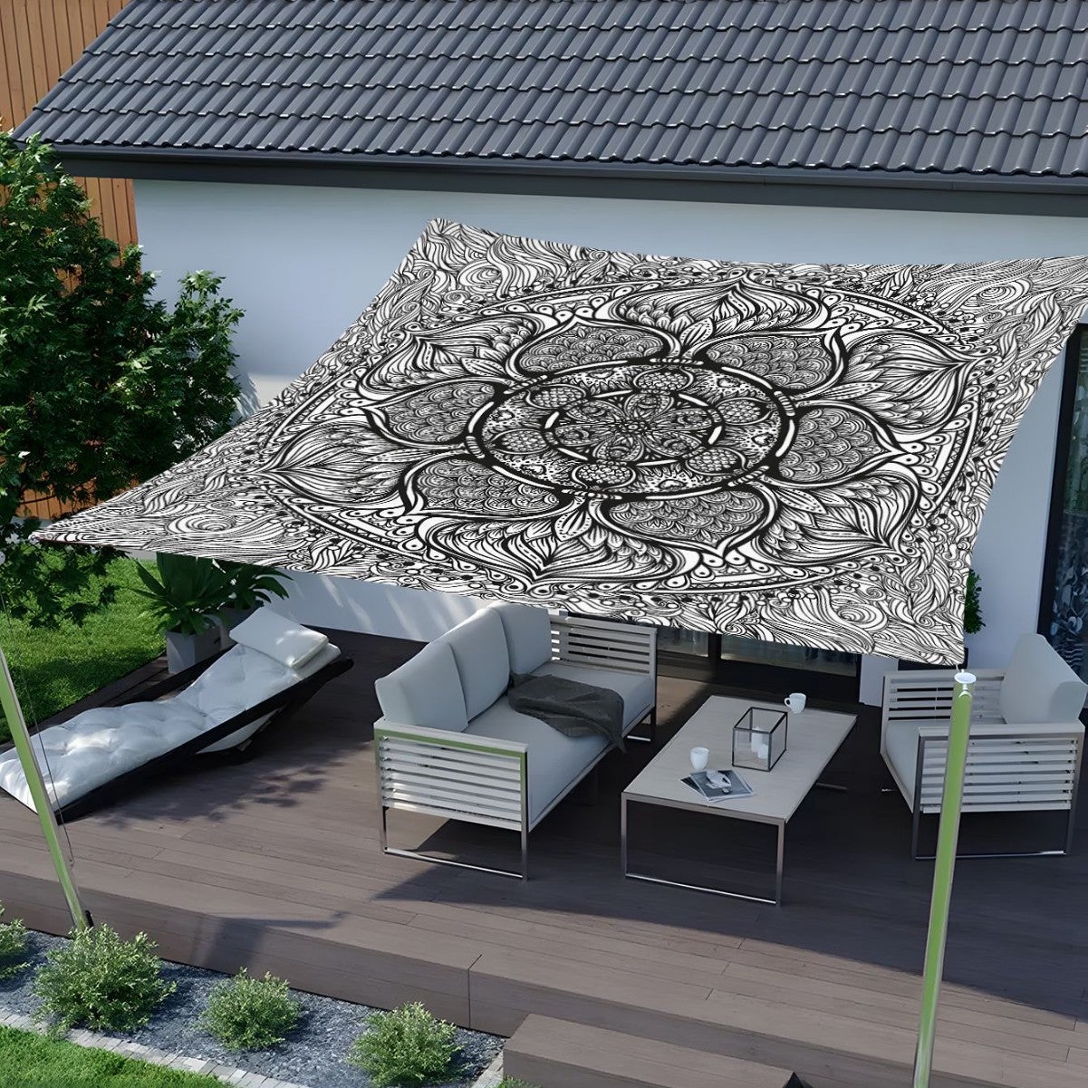 Wodoodporny, kwadratowy żagiel przeciwsłoneczny, do użytku zewnętrznego, ogrodowego i tarasowego (rzeźba mandala, 1,5 x 1,5 m)