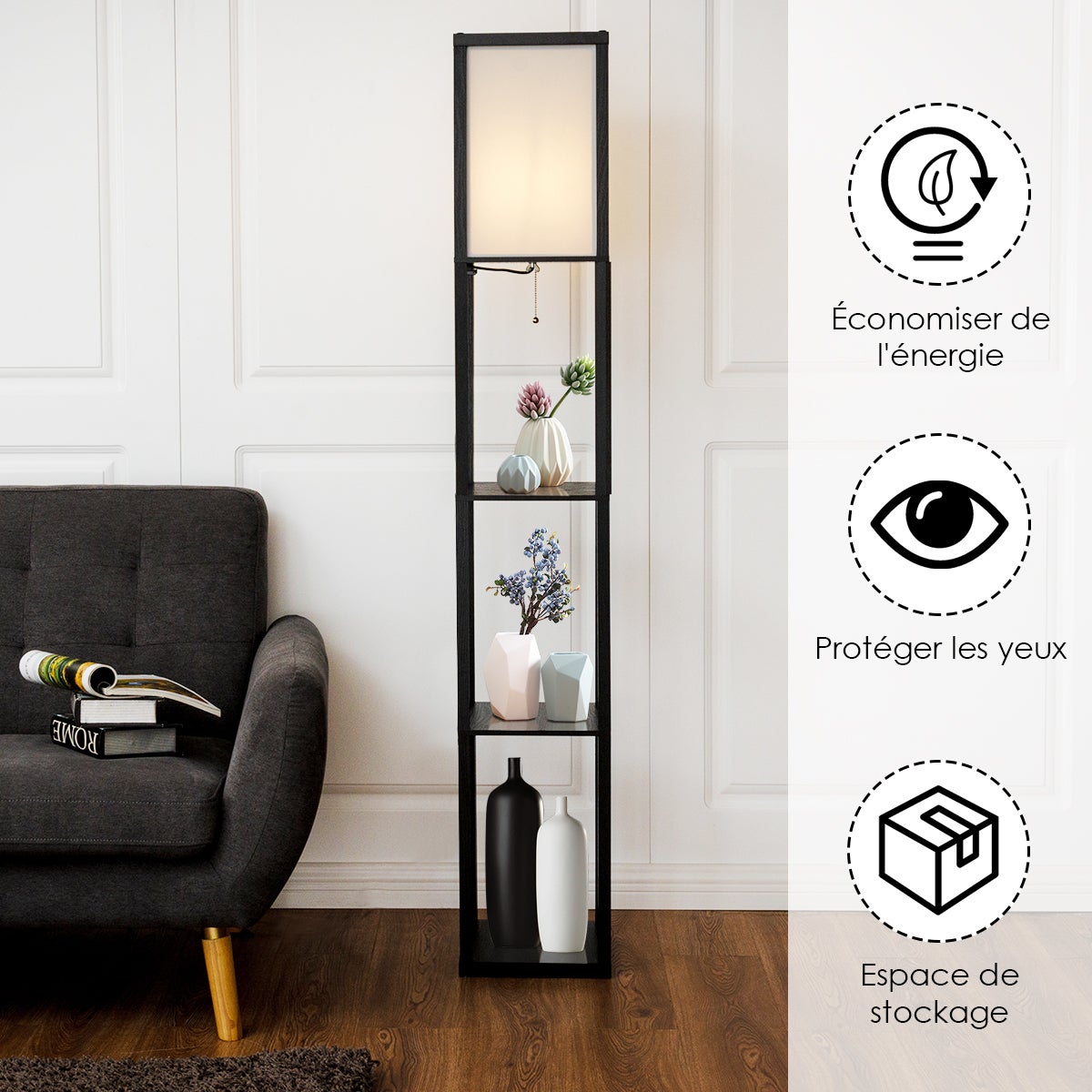 Lampa stojąca z 3 poziomami półek 220-240 V, 60 W Skandynawski design do sypialni i salonu, 26 x 26 x 160 cm, (żarówka nie wchodzi w skład zestawu) - 5