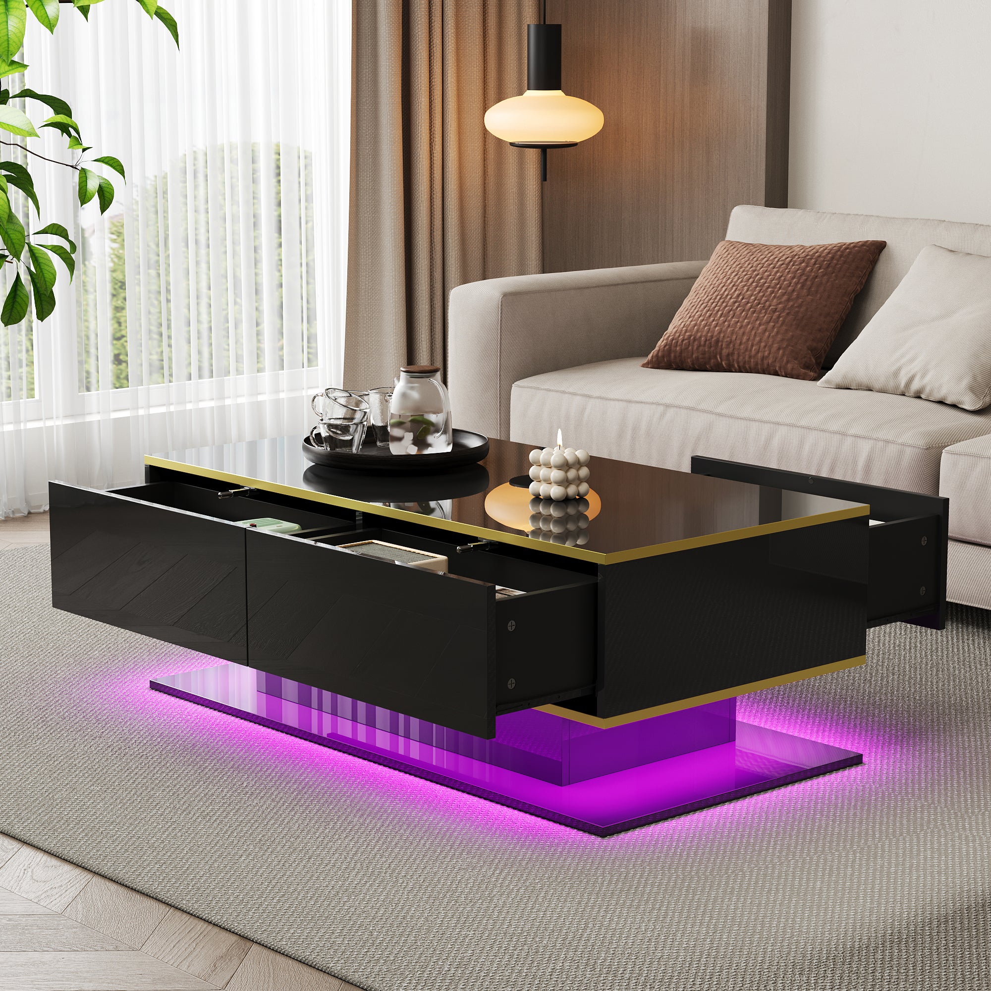 Nowoczesny, błyszczący stolik kawowy 100x50x40 cm - Oświetlenie LED - 3 szuflady i otwarte półki - Złote wykończenia - Czarno-złoty