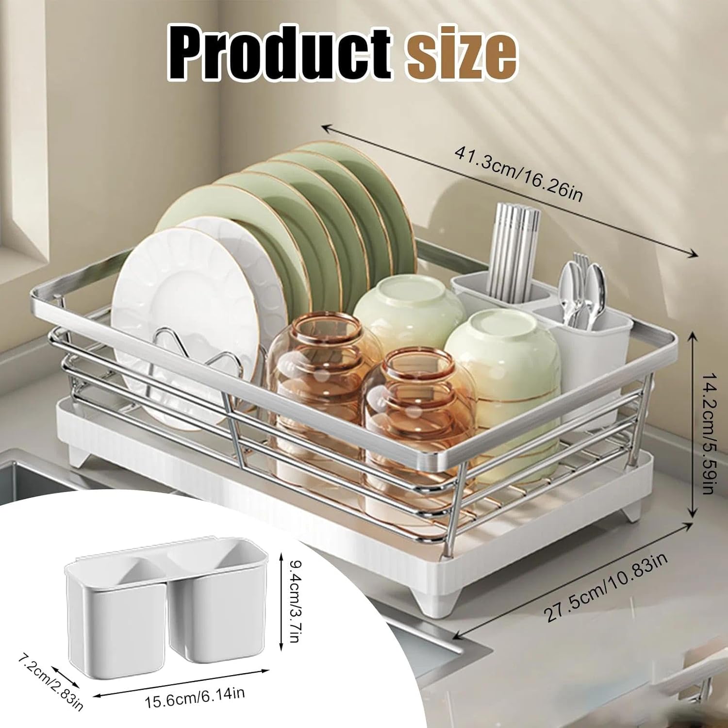 Escurreplatos de acero inoxidable con bandeja de goteo, estante que ahorra espacio para platos, tazones, tazas y cubiertos. - 2