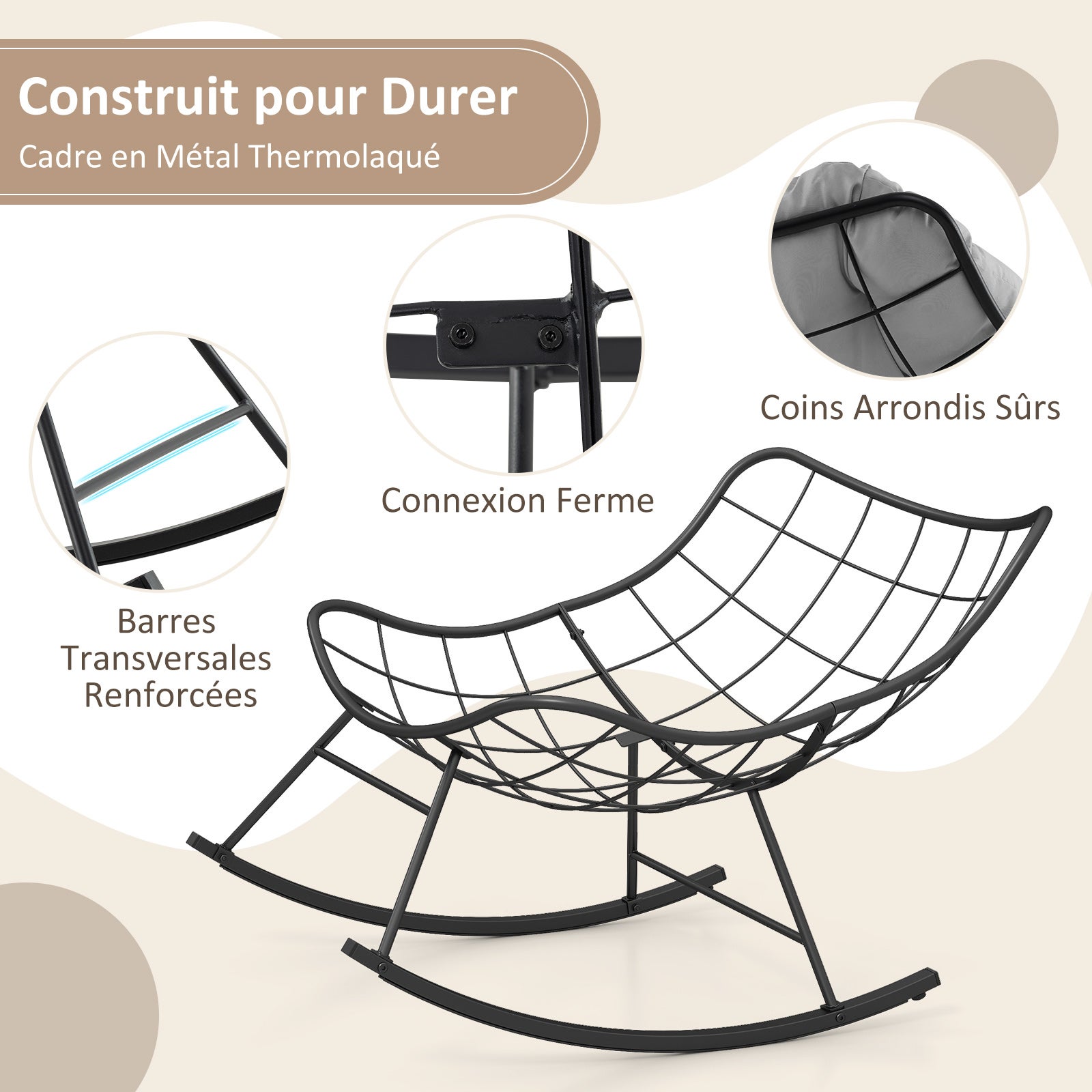 Fauteuil à Bascule Forme Œuf Intérieur & Extérieur, Chaise Papasan Surdimensionnée avec Coussin Rembourré, Cadre en Métal, , Charge 205 kg, Gris Clair - 6