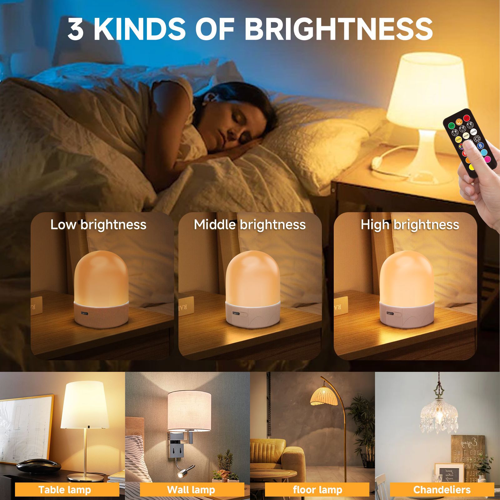 Ampoule rechargeable E27 avec télécommande, alimentée par batterie USB, couleur RVB, 12 couleurs réglables, 3 minuteries, veilleuse sans fil, 2000 mAh - 3