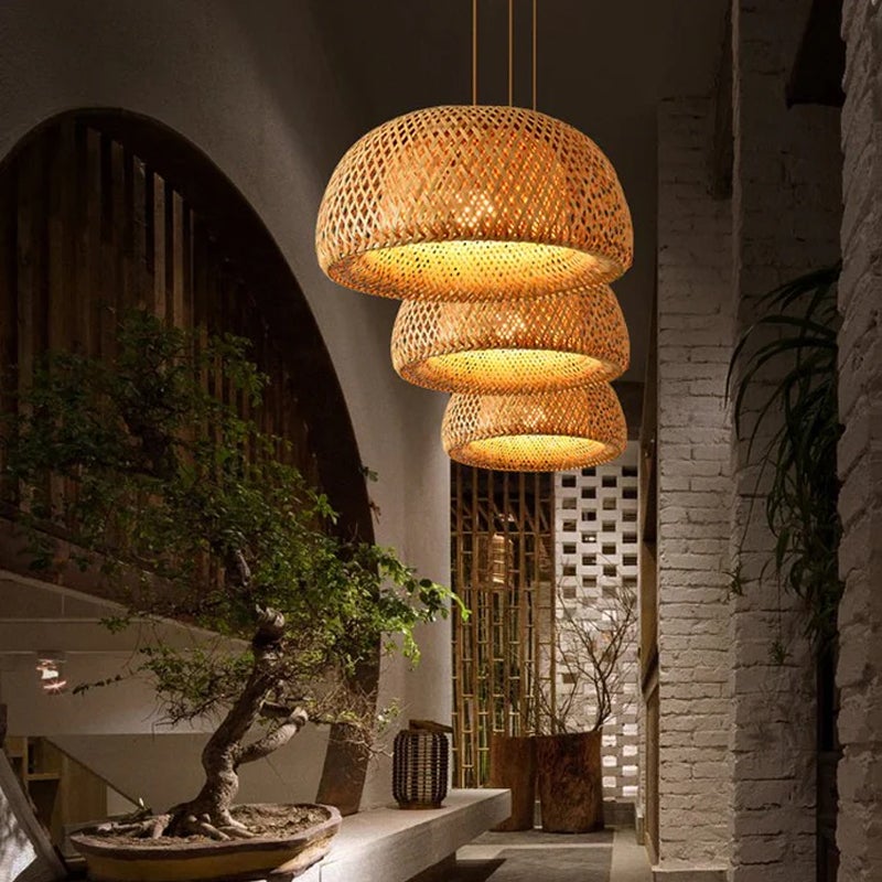 4 szt. ręcznie pleciona lampa wisząca z bambusa 30 cm w stylu chińskim, plafon do salonu, sypialni, restauracji i dekoracji wnętrz (bez żarówki) - 5