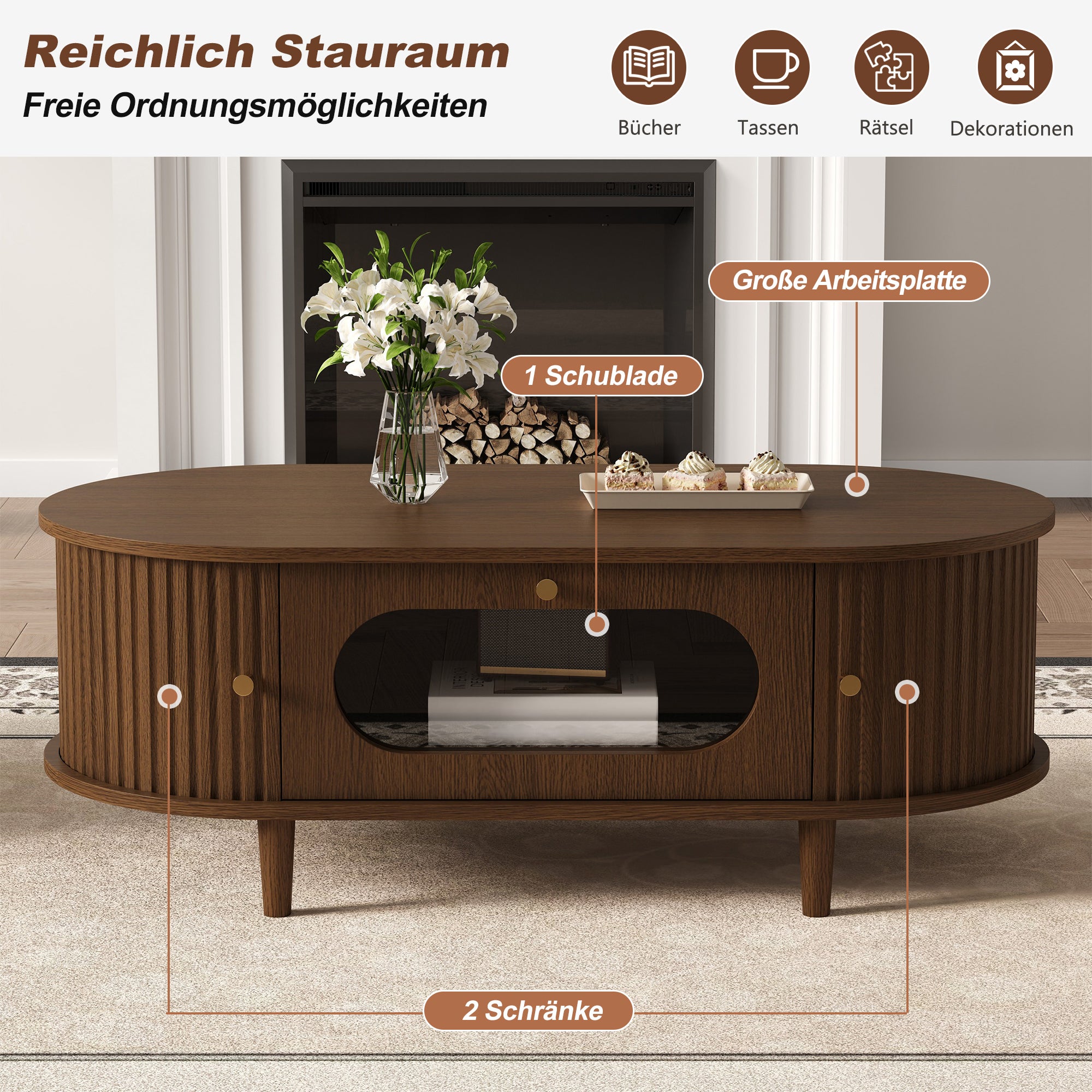 Owalny stolik kawowy z 2 drzwiami przesuwnymi i 1 szufladą - 100 x 50 x 36 cm - MDF - Orzech - 8