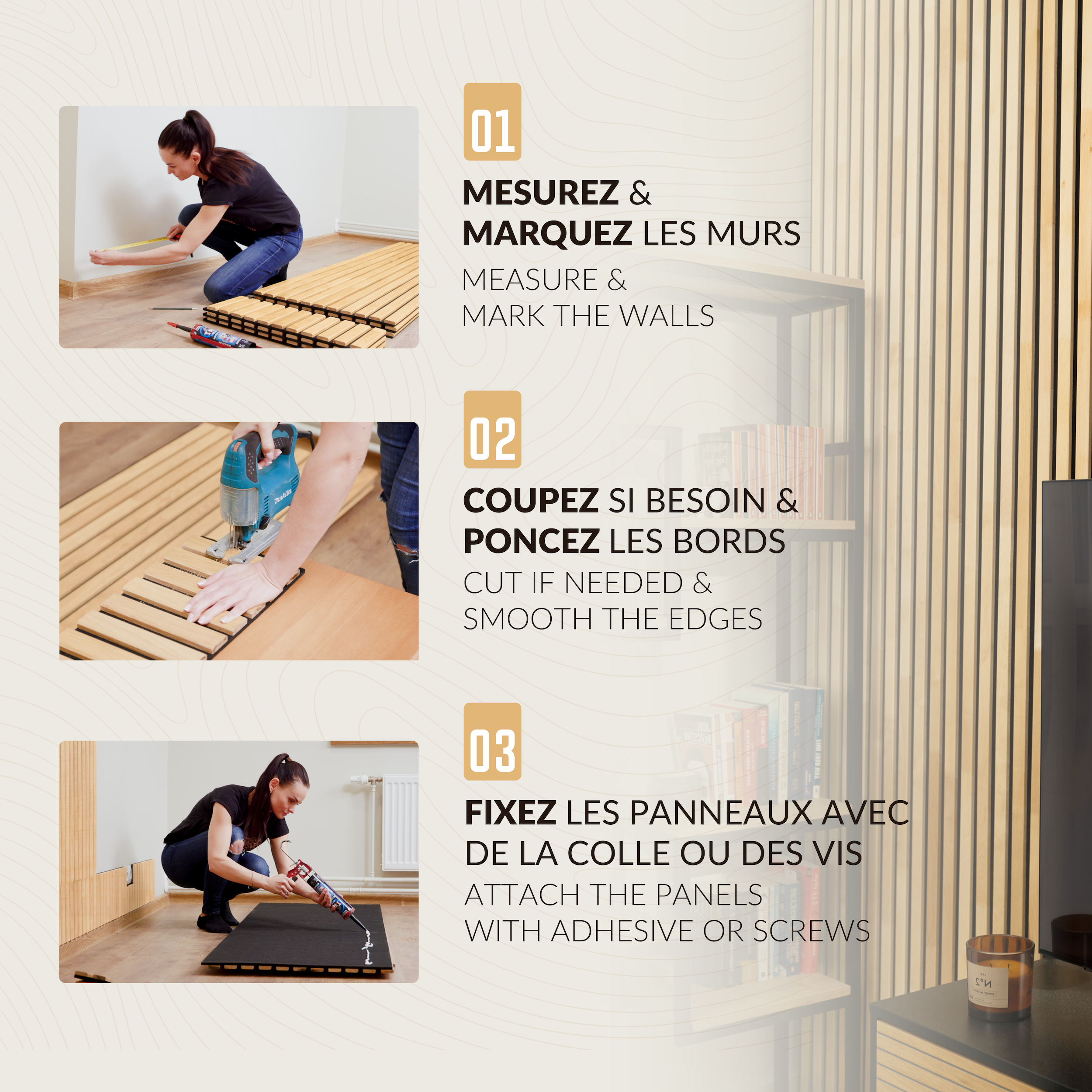 Lot de 2 Panneau Tasseau Acoustique en Bois - Bois de Bouleau Massif - 2400x600mm - Lattes 40mm, Support en Feutre Noir - 4