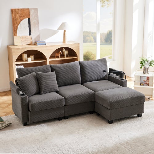 Canapé d'angle en L convertible 3 places avec repose-pieds,porte-gobelet,chargeur USB,rangement dans l'accoudoir et 2 coussins,idéal pour salon,b - 5