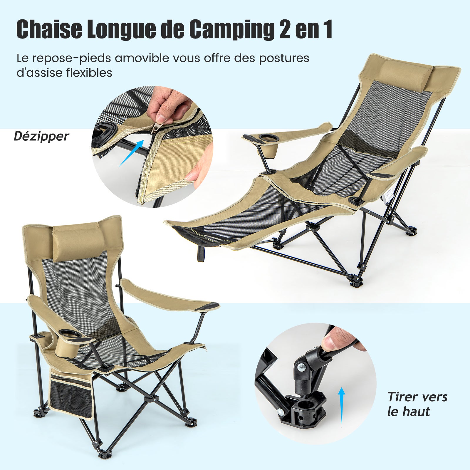 Chaise de Camping Pliable, Poche Latérale et Porte-Gobelet, Charge 150 KG(Kaki) - 6