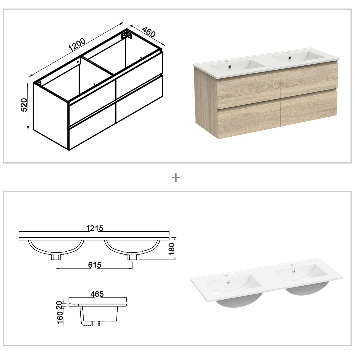 Ensemble meubles salle de bain 3pcs 120cm double vasque + miroir Chêne Wotan, OCEAN - 4