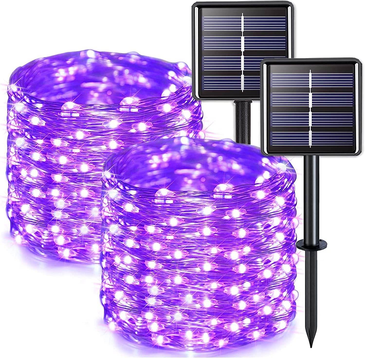 Lampki solarne na Halloween, zestaw 2 szt., 12 m, 100 diod LED, kolor fioletowy, dekoracja świetlna na energię słoneczną
