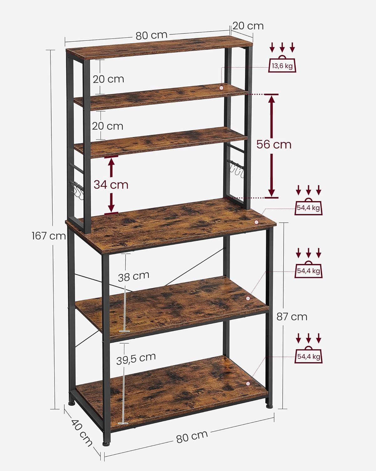 Scaffale Cucina, Supporto per Microonde, 6 Ripiani, 6 Ganci, Acciaio, Industriale, 40 x 80 x 167 cm, Marrone e Nero - 6
