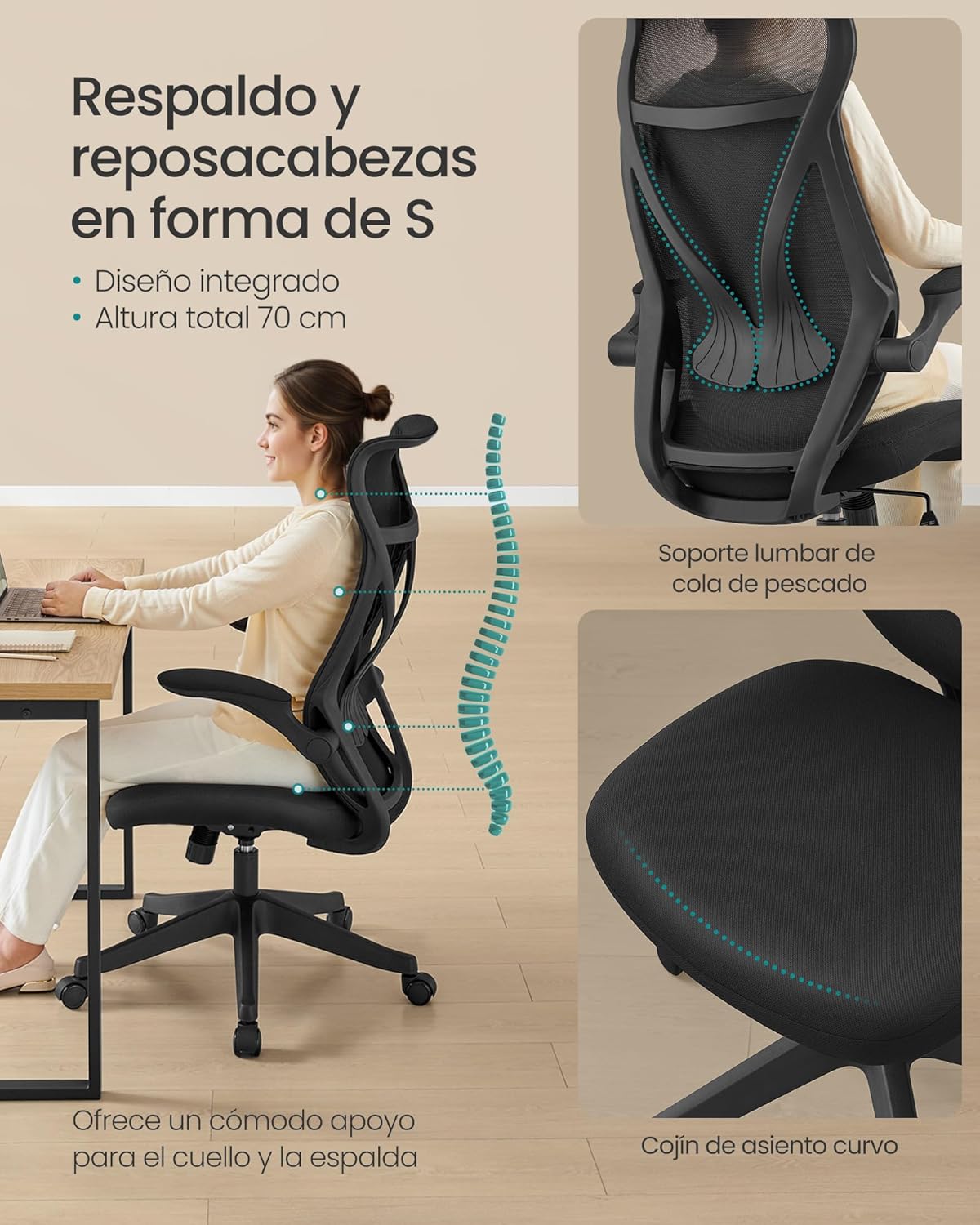 Silla Ergonómico de Oficina, Altura Ajustable, Reposabrazos Plegables, Silla Giratoria con Reposacabezas, Carga de 150 kg, Negro Tinta - 3