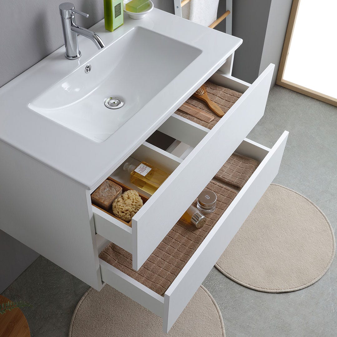 Mobile bagno sospeso 80cm bianco con lavabo e specchio | Bilbao - 4