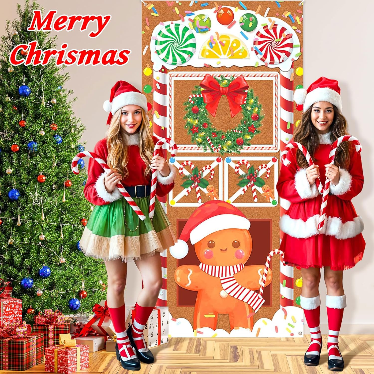 Cubierta navideña para puerta, banderín navideño colgante de 200x90cm, decoración navideña para puerta, fondo navideño, banderín de Feliz Navidad par - 5
