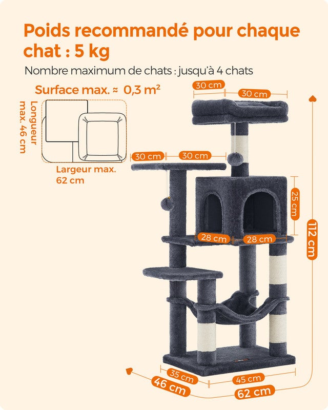 Arbre à Chat Hauteur 112 cm, avec 4 Poteaux à Griffer, 2 Plateformes, 1 Niche, 1 Hamac, 2 Pompons, Gris Fumé - 5