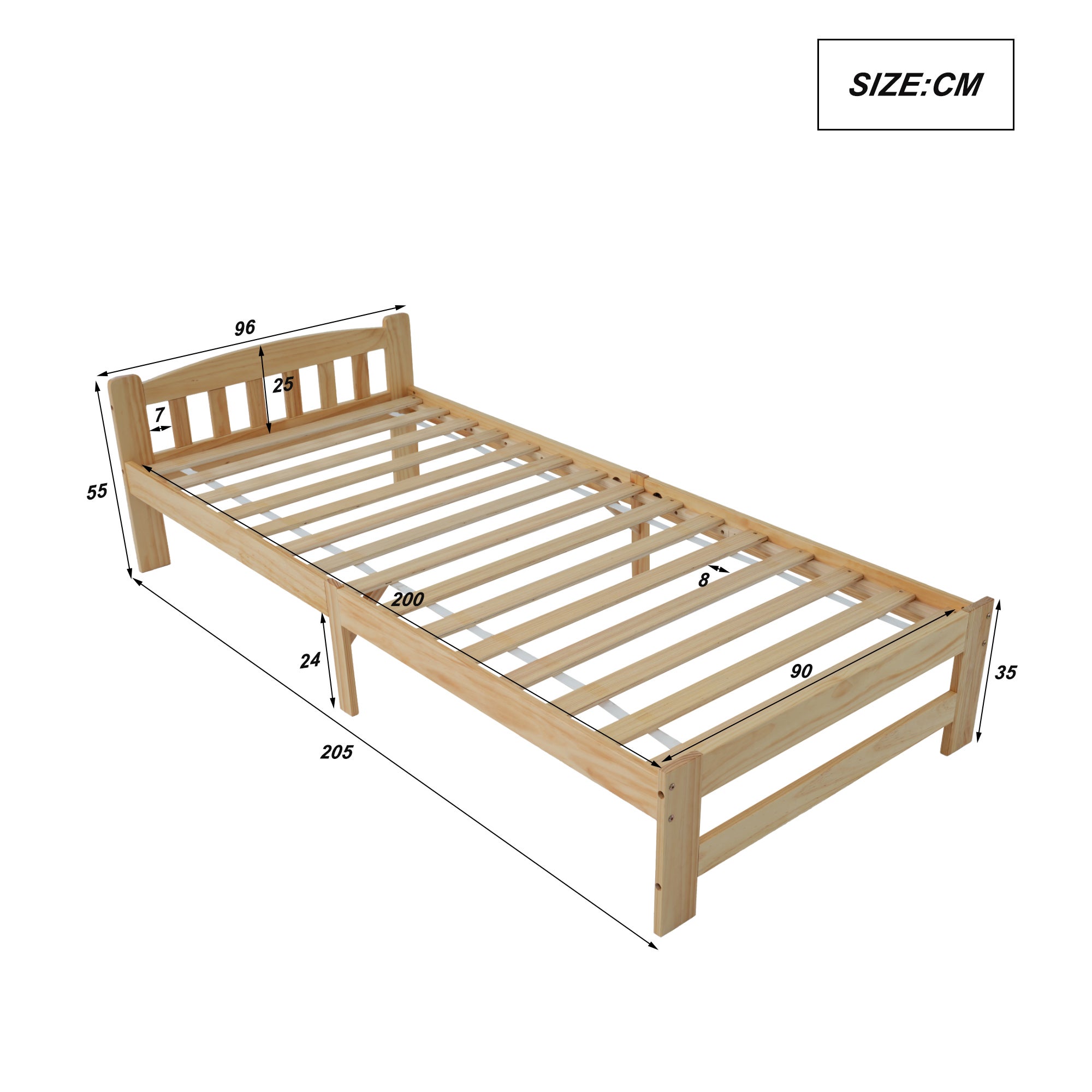 Lit En Bois - 90 X 200 cm - Avec Tête De Lit Et Sommier À Lattes - Naturel - 4