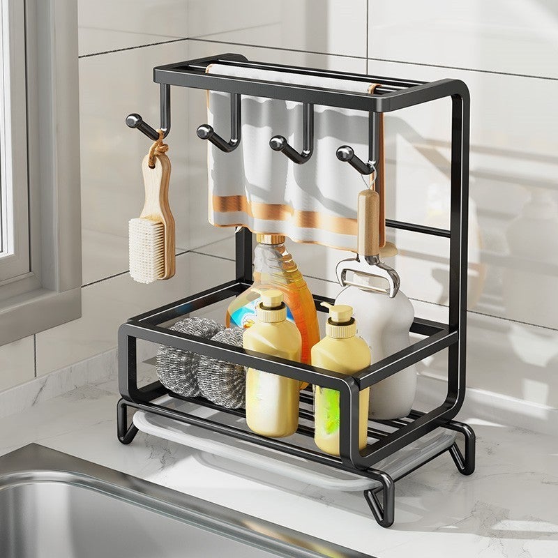 Uchwyt na gąbkę i ściereczki bez wiercenia – model C, czarny, do blatu roboczego, praktyczne przechowywanie w kuchni