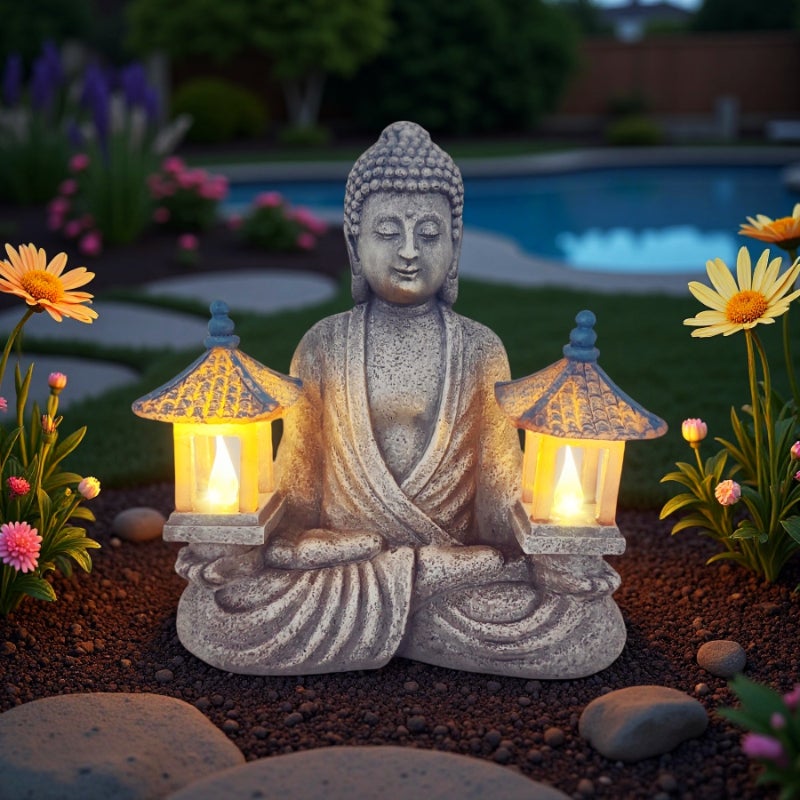 Statues de Bouddha en résine à énergie solaire, décoration de jardin, statues de Bouddha, artisanat en résine, phares de Bouddha - 7