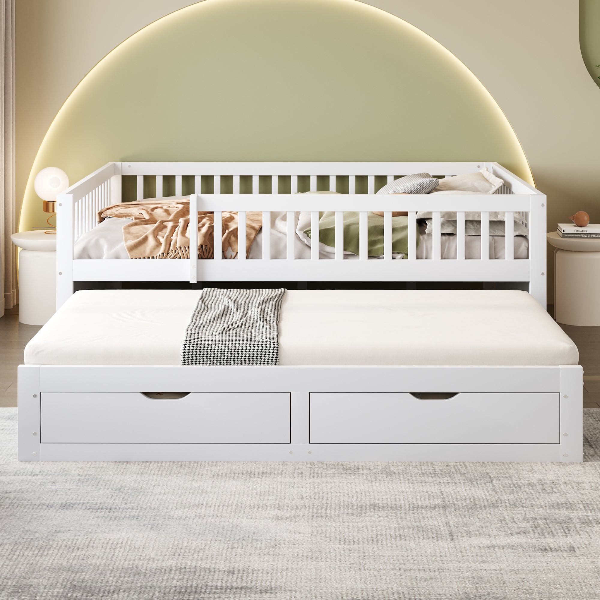 Sofa z funkcją spania z litego drewna 140x200 cm - z łóżkiem wysuwanym - z 2 szufladami - z barierkami zabezpieczającymi - biała