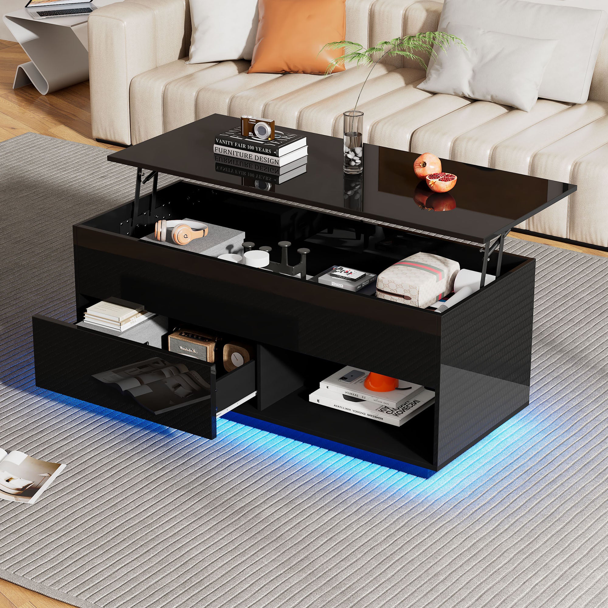 Stolik kawowy z podnoszonym blatem, 1 szufladą i 1 półką - 100 x 50 x 55/70,5 cm - diody LED - płyta wiórowa - połyskujący czarny