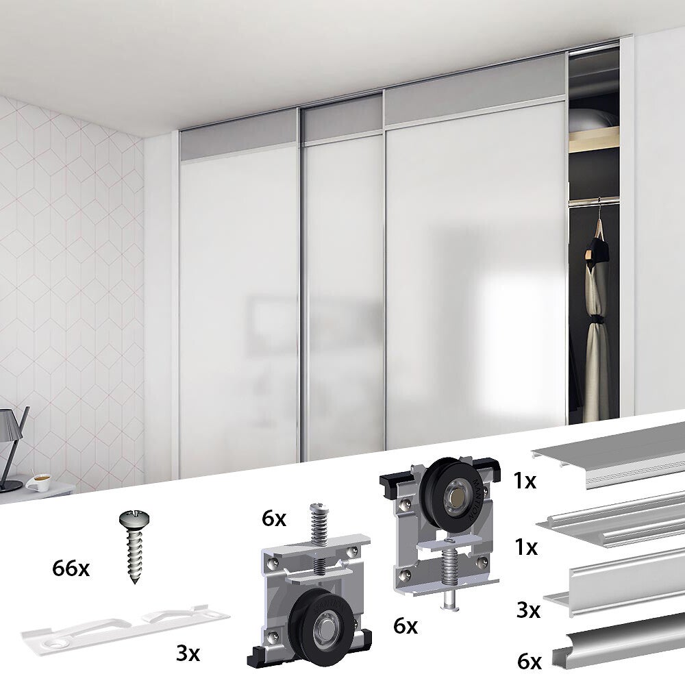 Kit SLID'UP 230 aluminium anodisé naturel pour 3 portes de placard coulissantes 19 mm - rail 2,7 m - 70 kg - 2