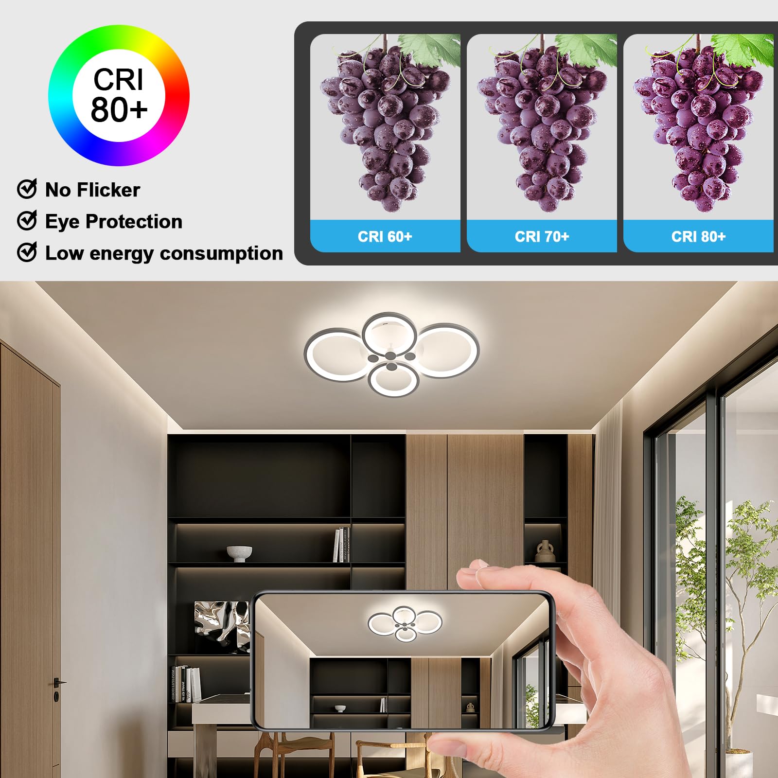 Ściemnialna lampa sufitowa LED 128 W z pilotem, 8 pierścieni świetlnych - nowoczesna lampa sufitowa, 3000 K-6500 K, energooszczędna, 96 cm - 9