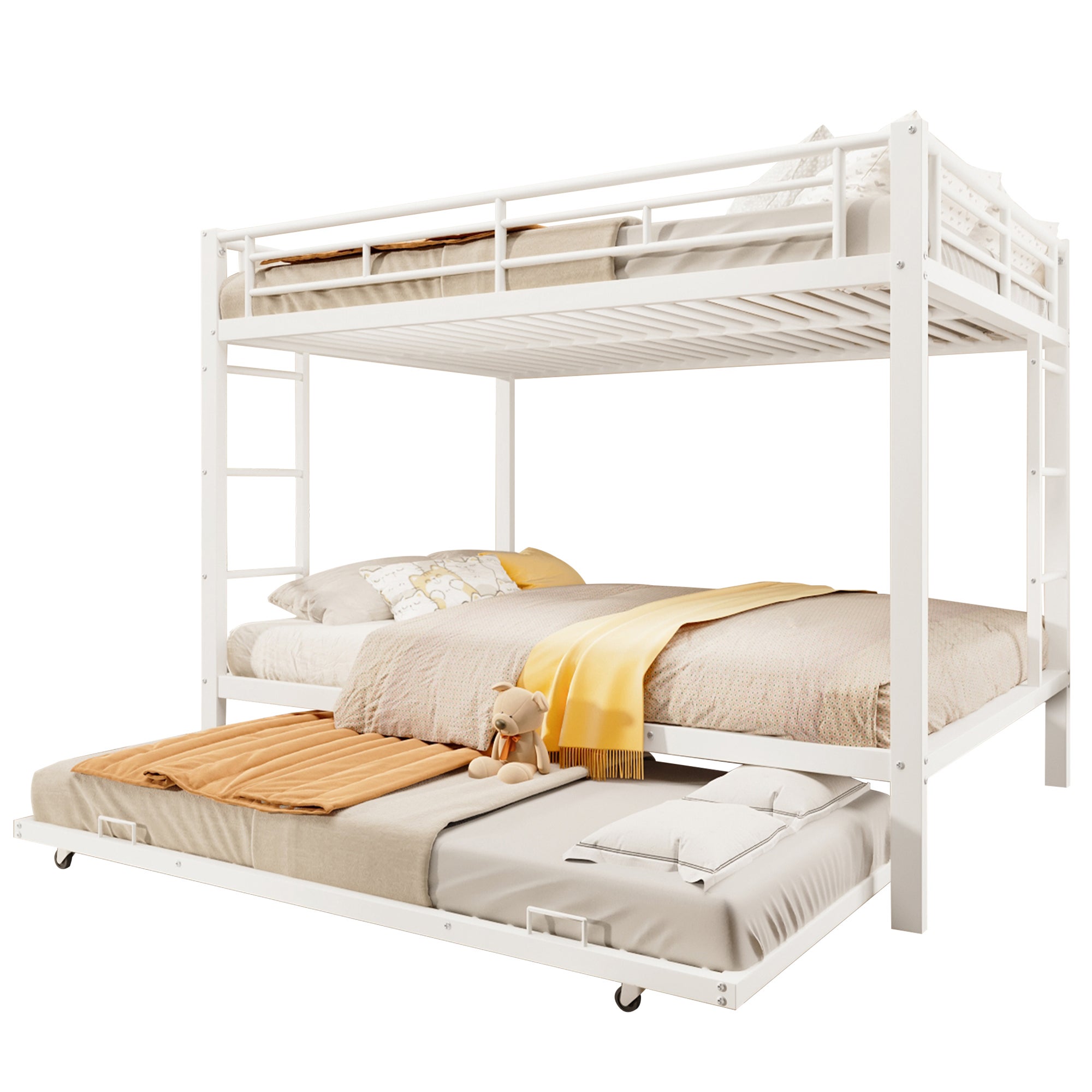 Lits superposés 2 x 140 x 200 cm avec lit gigogne 90 x 190 cm - Cadre en métal - Blanc (sans matelas) - 8