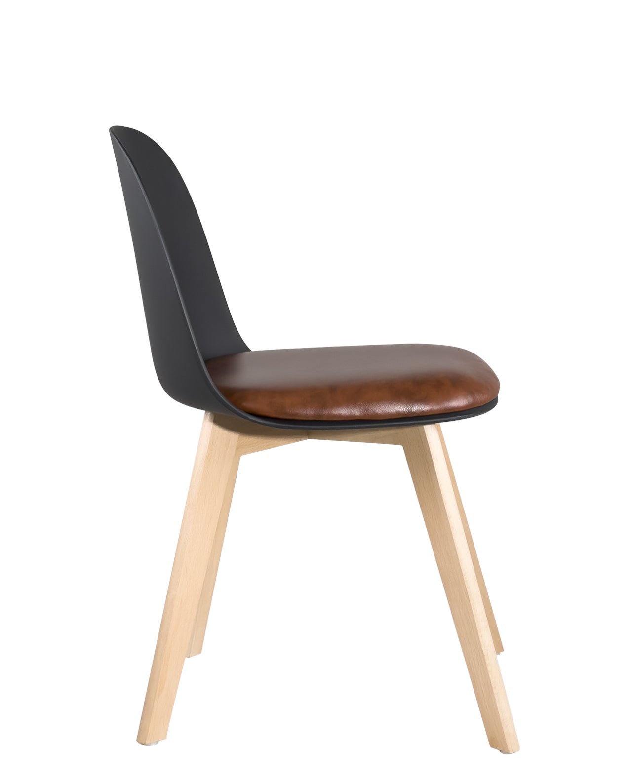 Lot 2 chaises de cuisine scandinaves, pieds bois hêtre clair, coussin simili cuir rembourré UFI (noir-marron) - 4