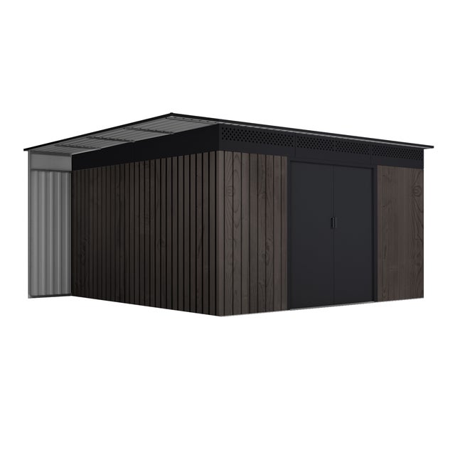 **Domek Ogrodowy 13,2 m² Robin – Efekt drewna – Boczne zadaszenie na drewno – Drzwi przesuwne**
