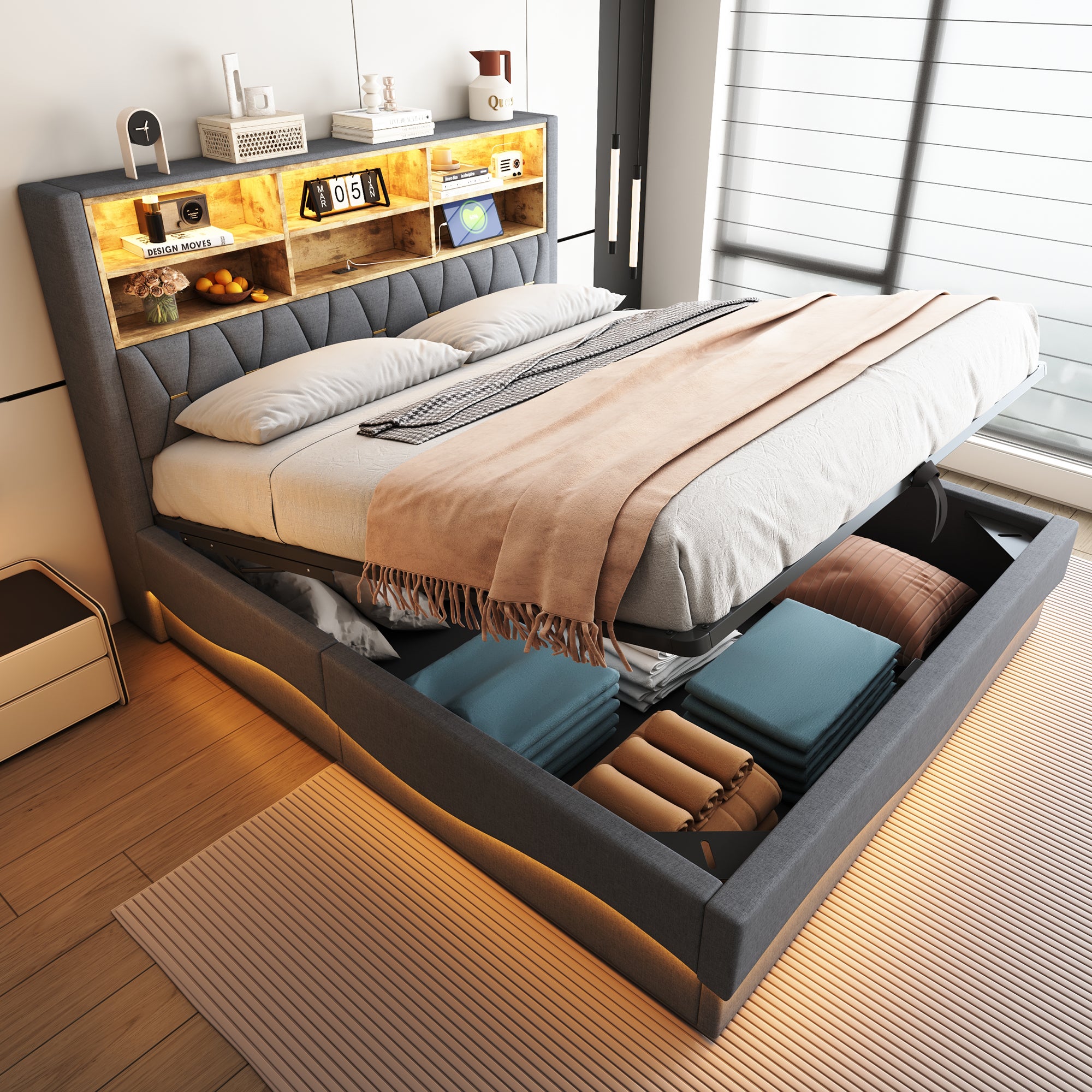 Polsterbett 180x200 cm z LED APP, USB, hydrauliczny Stauraum, Leinen, Metall-Lattenrost, Grau